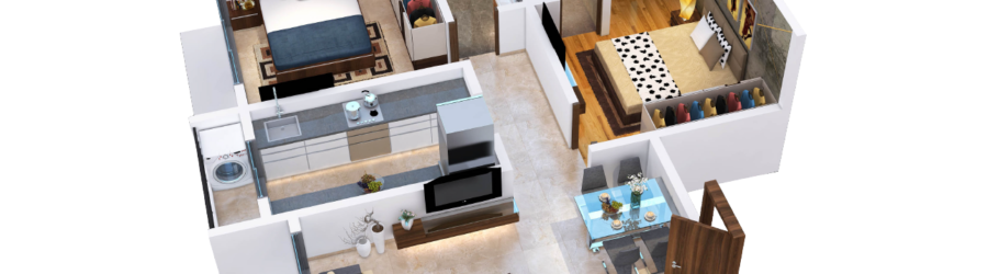 Aerial view of 3d 2 BHK unit floor plan