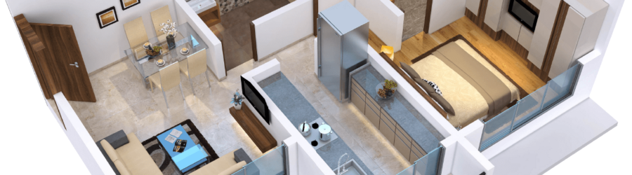 Aerial view of 3d 2 BHK unit floor plan