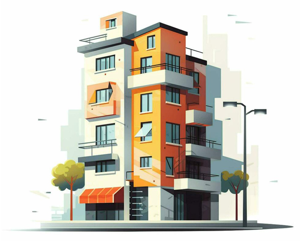 Modern city building exterior. Facade of Office center or business house. Vector illustration in flat style.